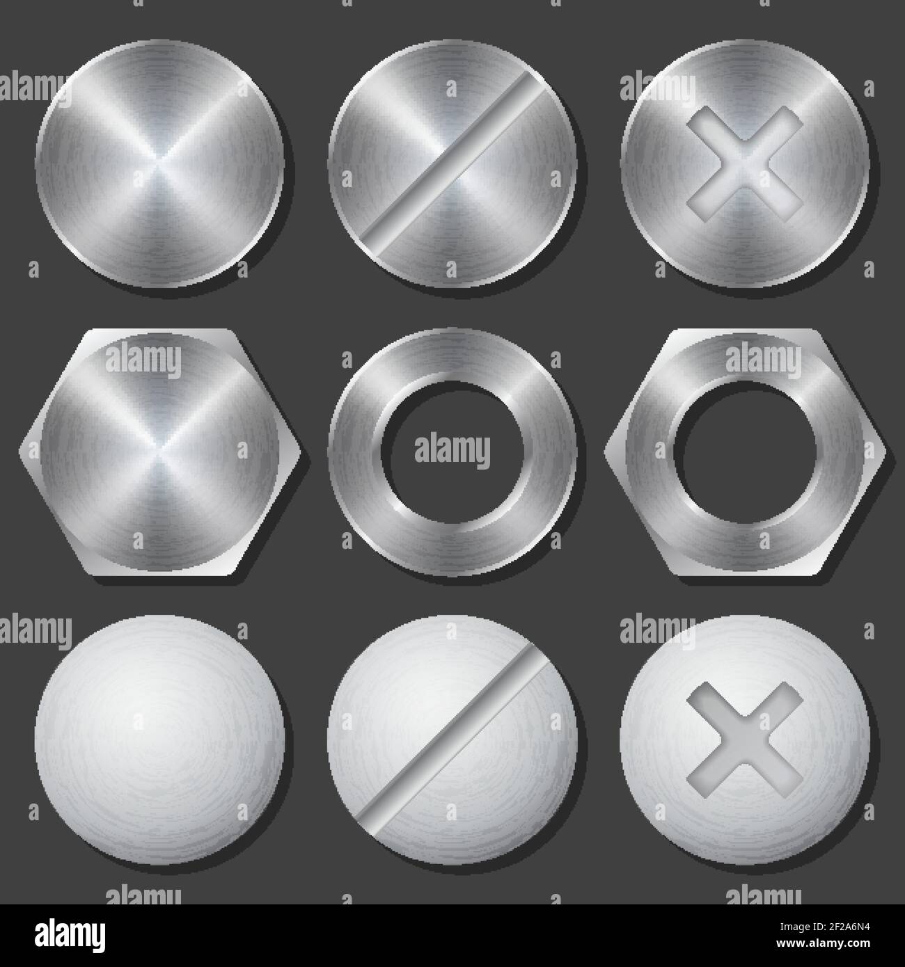 Screws, nuts and bolts realistic icons set. Rivet and bolt, crosshead