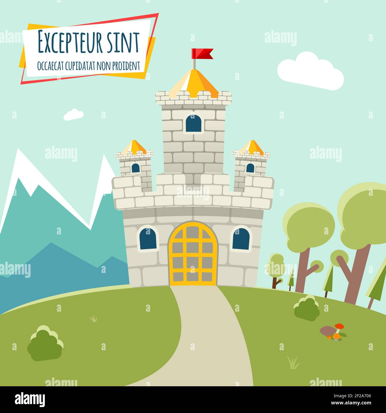 Castle with a high tower and flag. Around the castle forest and mountains. Vector illustration Stock Vector