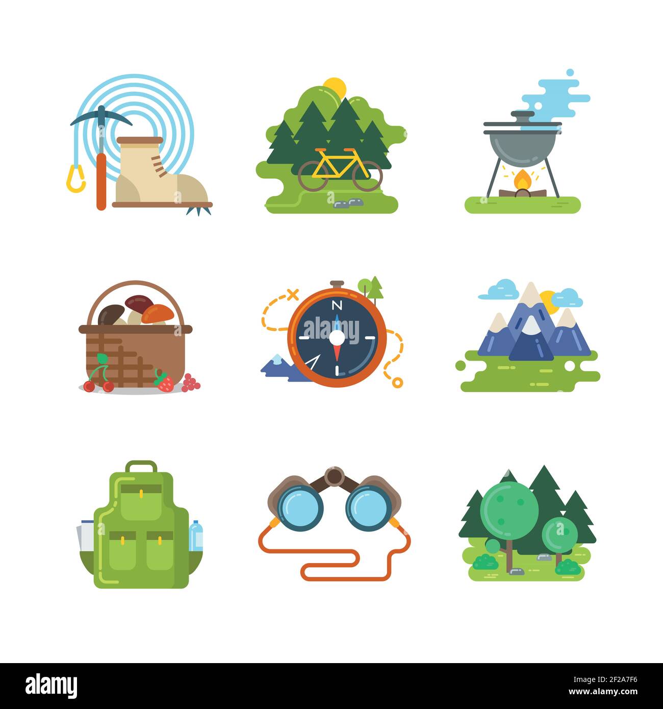Flat camping outdoor vector icons. Travel activity, equipment and ...