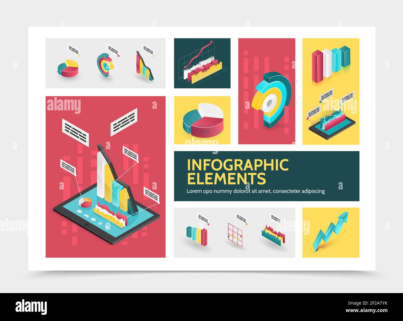 Isometric abstract infographic concept with colorful business diagrams graphs 3d bars and charts vector illustration Stock Vector