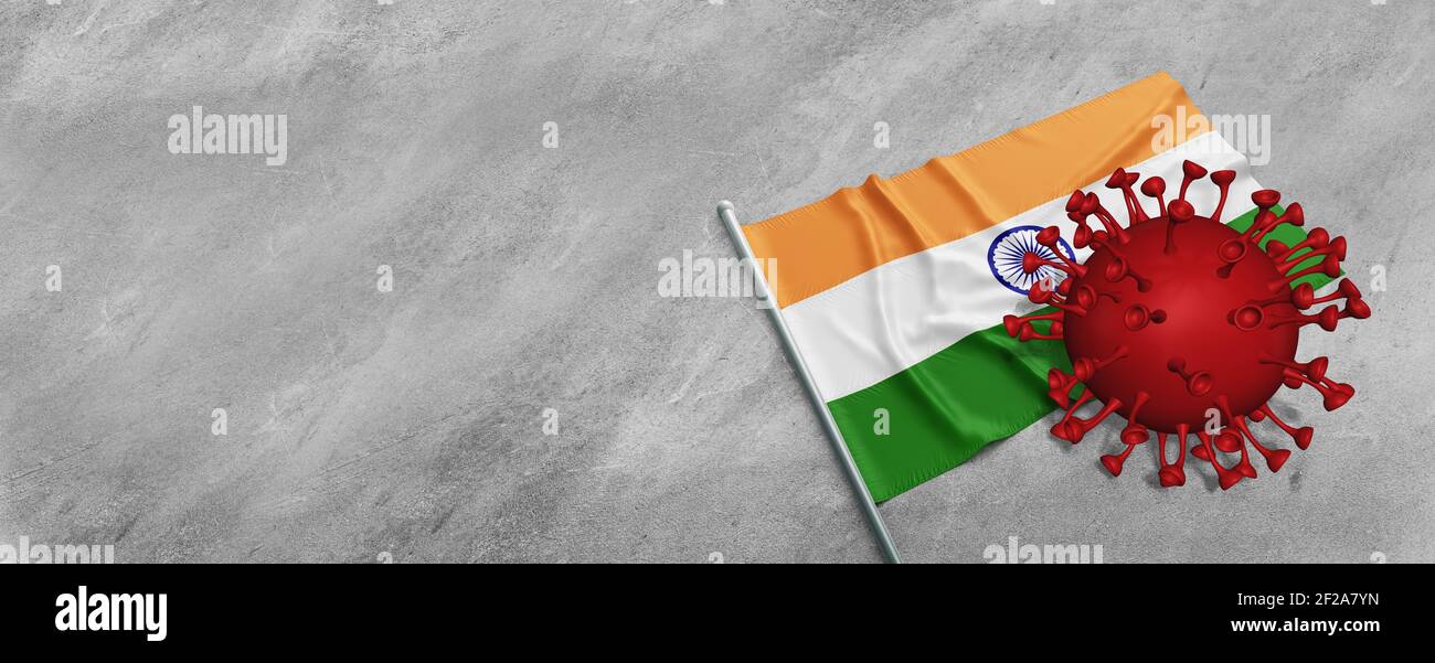 Global healthcare crisis in Covid-19 outbreak and vaccine concept: 3d render coronavirus bacteria cell on Indian flag with copy space Stock Photo