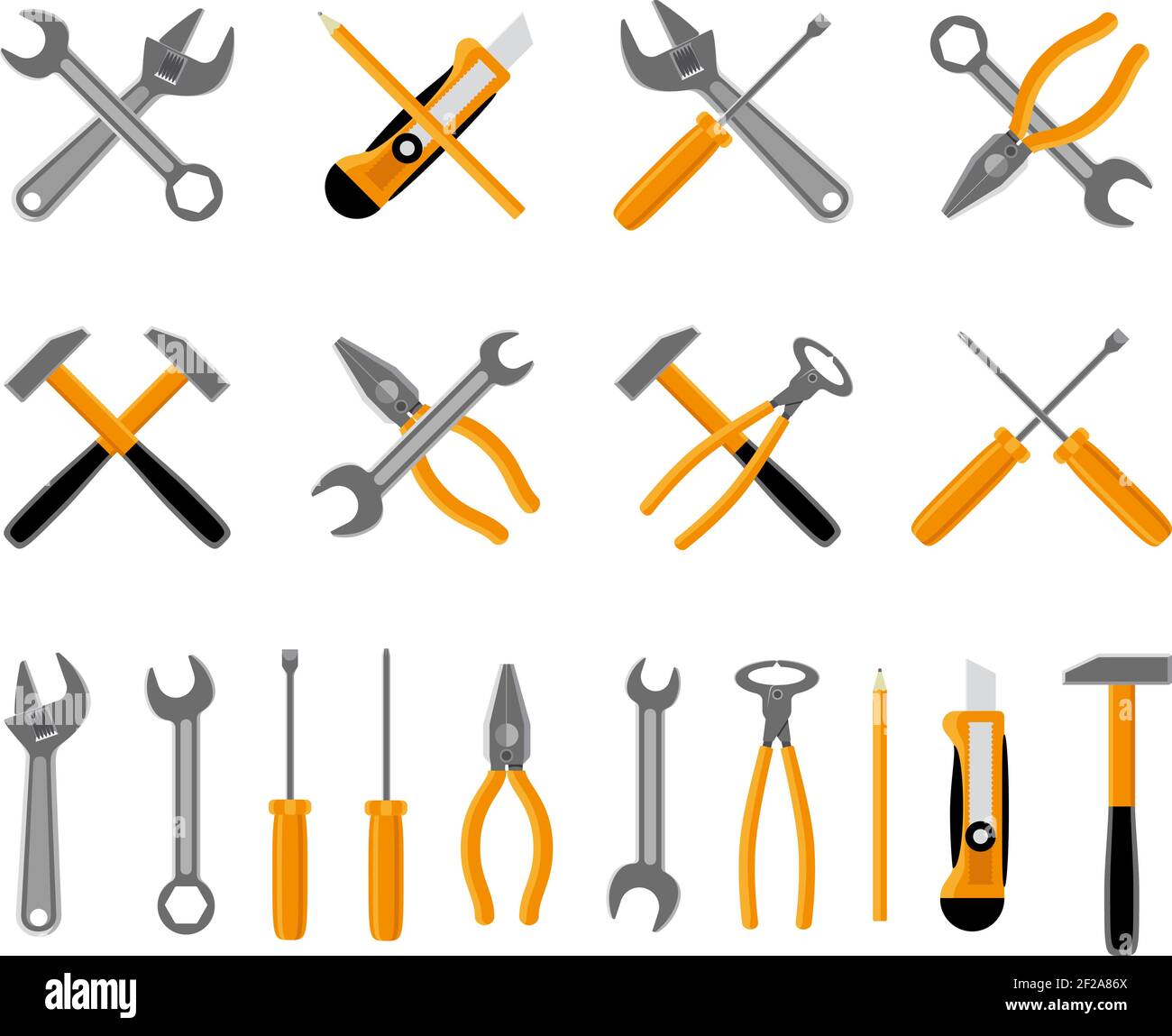 Tools icons set. Hammer and wrench, , screwdriver and spanner. Vector ...