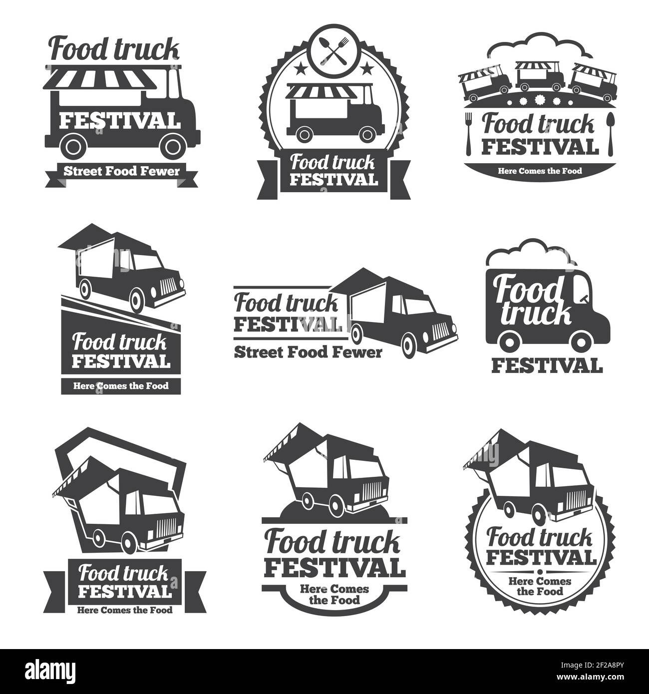 Food truck festival emblems and logos vector set. Festival street food