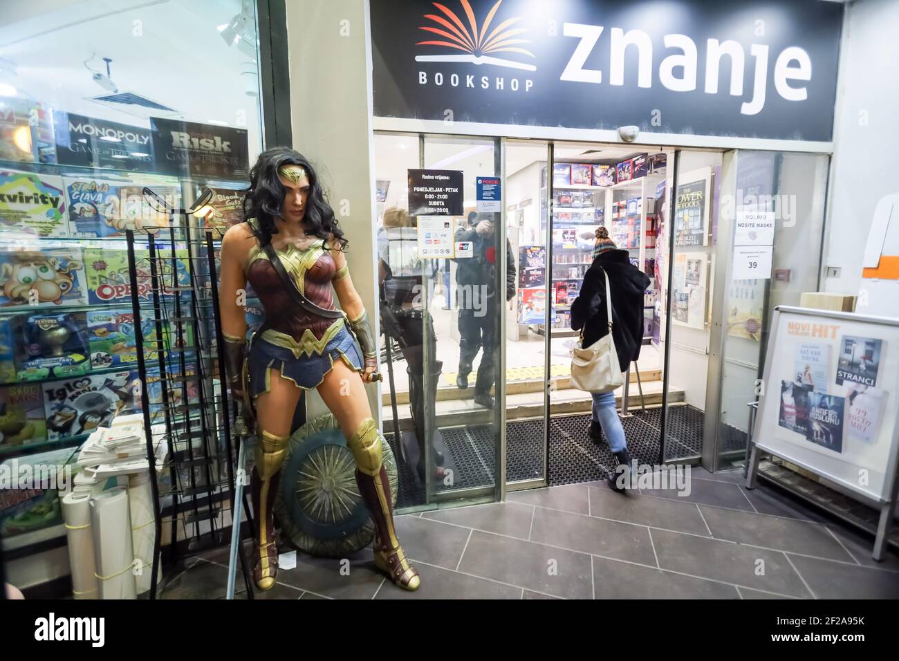 Wonder Woman doll in front of the bookshop in the center of Zagreb. Stock Photo