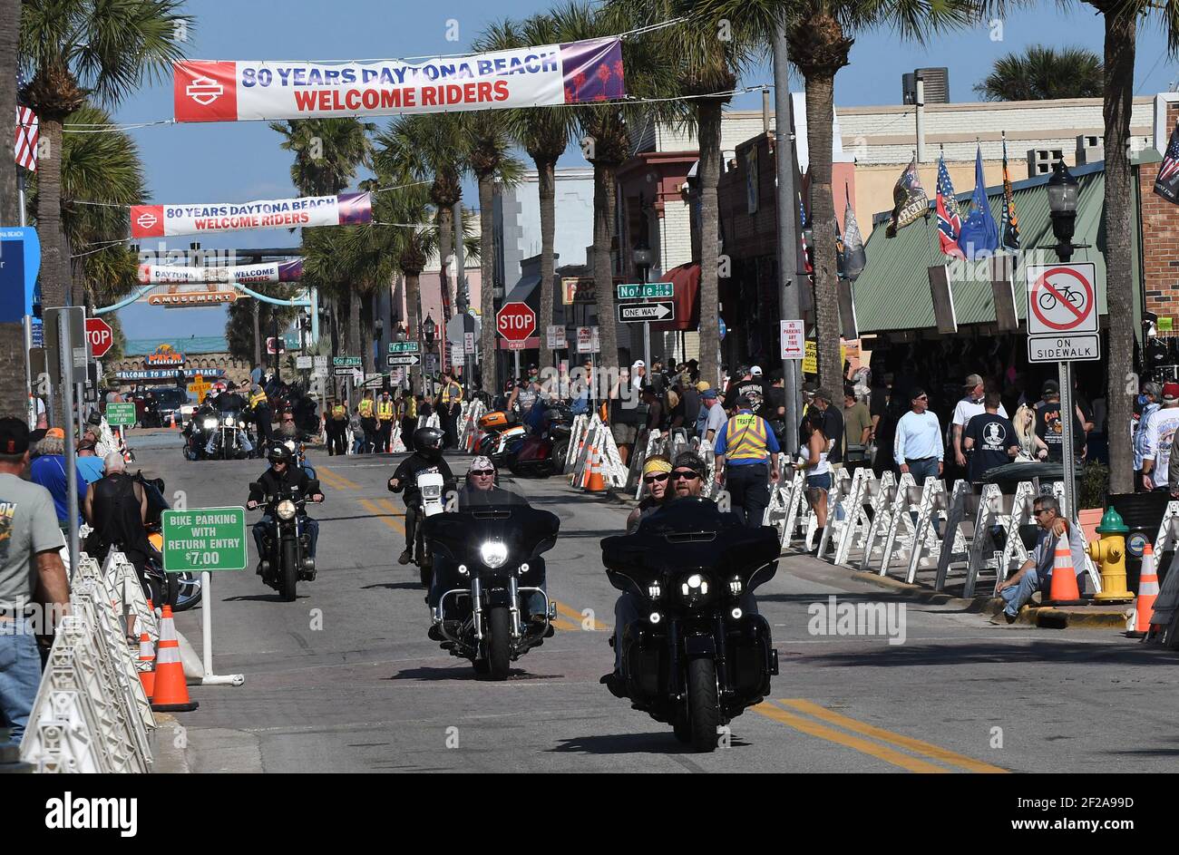 Motorcyclists ride down Main Street during the 80th year of Daytona Beach's annual Bike Week event. Few people were seen wearing face masks or practicing social distancing and some worry the gathering could become a superspreader event as the coronavirus pandemic continues. (Photo by Paul Hennessy / SOPA Images/Sipa USA) Stock Photo
