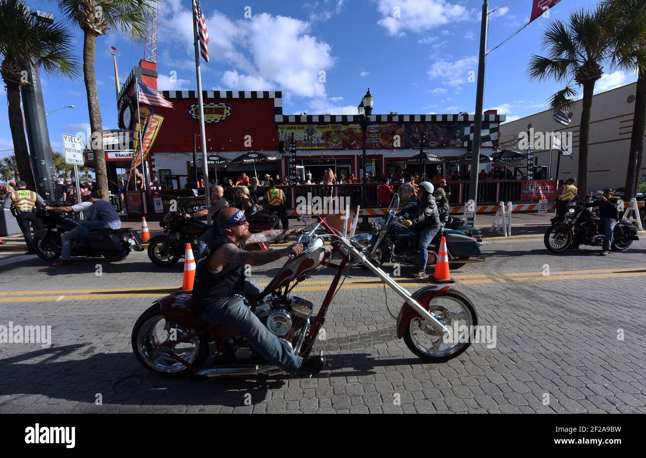 Motorcyclists ride down Main Street during the 80th year of Daytona Beach's annual Bike Week event. Few people were seen wearing face masks or practicing social distancing and some worry the gathering could become a superspreader event as the coronavirus pandemic continues. (Photo by Paul Hennessy / SOPA Images/Sipa USA) Stock Photo
