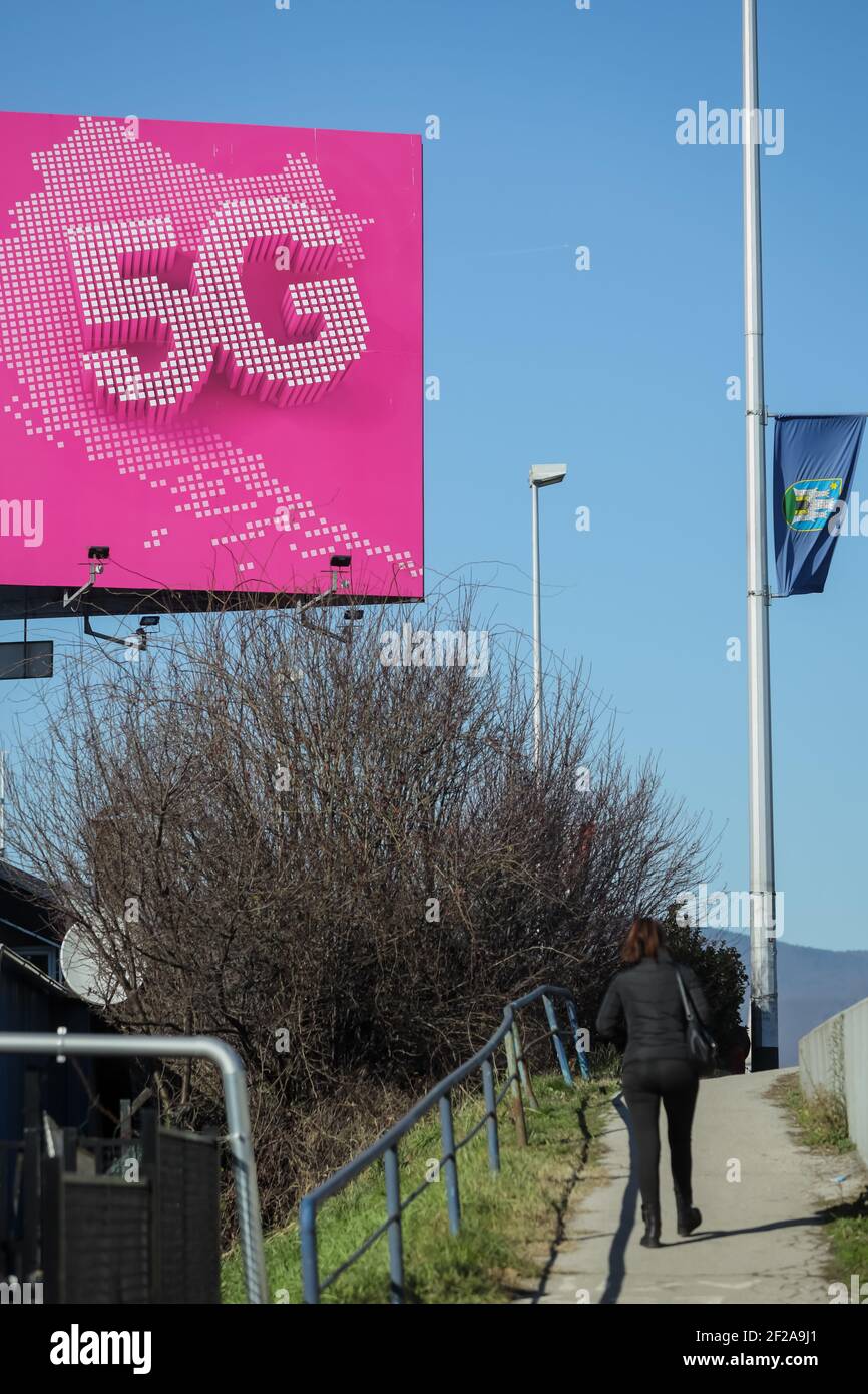 TCom advertisement for the new generation of 5G high-speed internet on the streets of Zagreb. Stock Photo