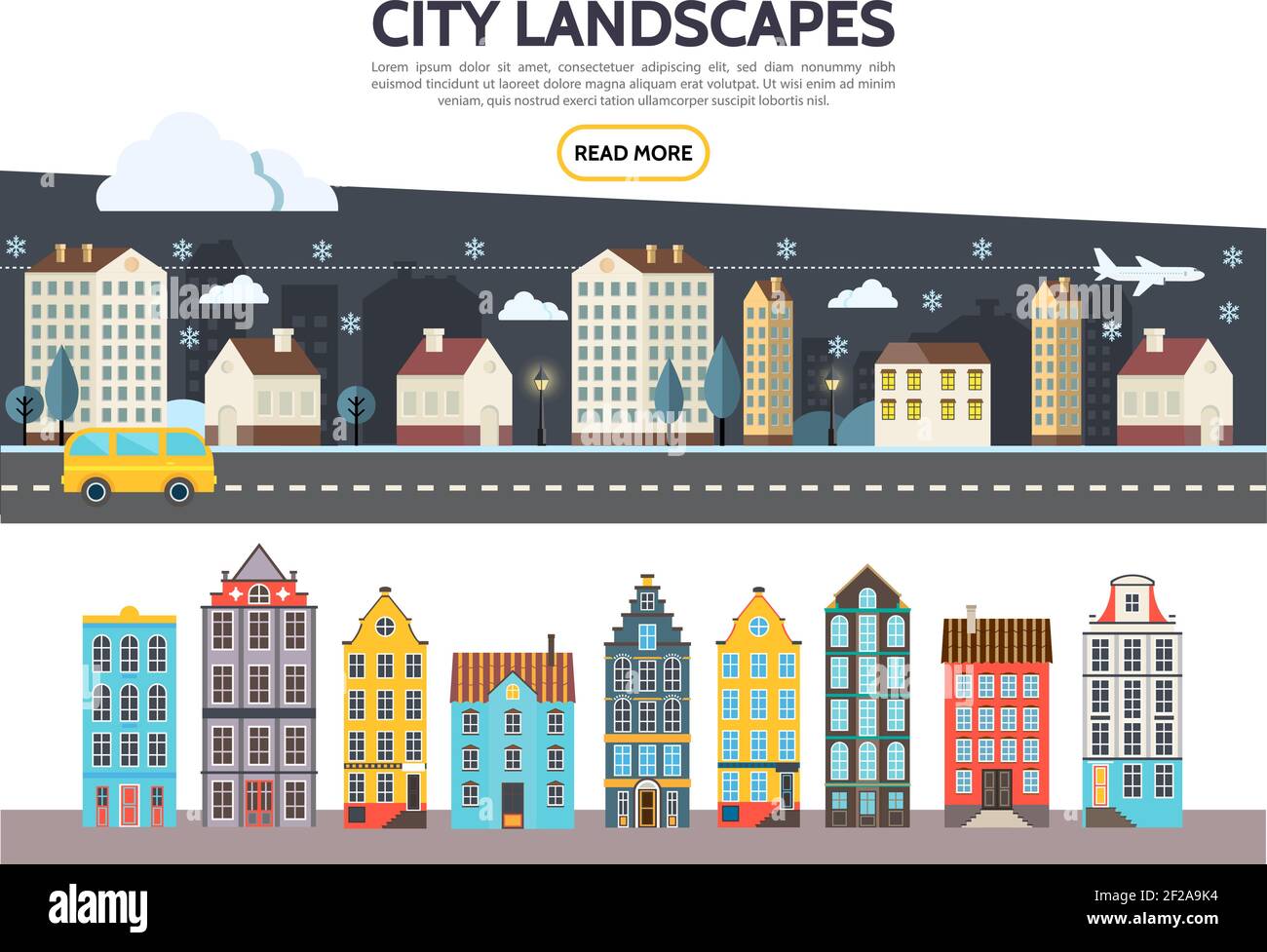 Flat city landscape template with night winter cityscape buildings ...