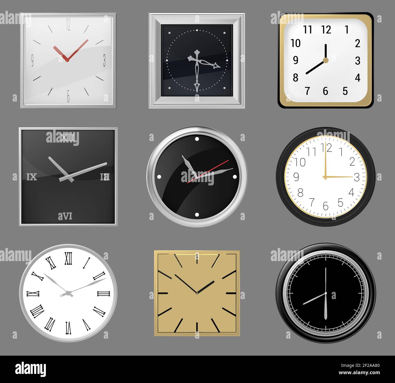 Realistic wall clocks. Round and square clocks face, 3d classic silver