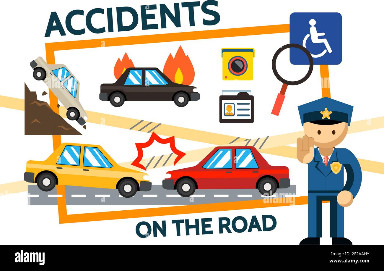 Flat road accidents composition with car crash falling and burning automobiles video camera driver license police officer isolated vector illustration Stock Vector Image & Art - Alamy Flat road accidents composition with car crash falling and burning automobiles video camera driver license police officer isolated vector illustration Stock Vector Image & Art - Alamy