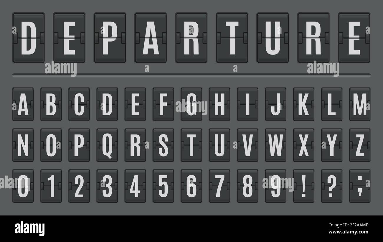 Airport flip board alphabet. Scoreboard lettering font, ABC on airport