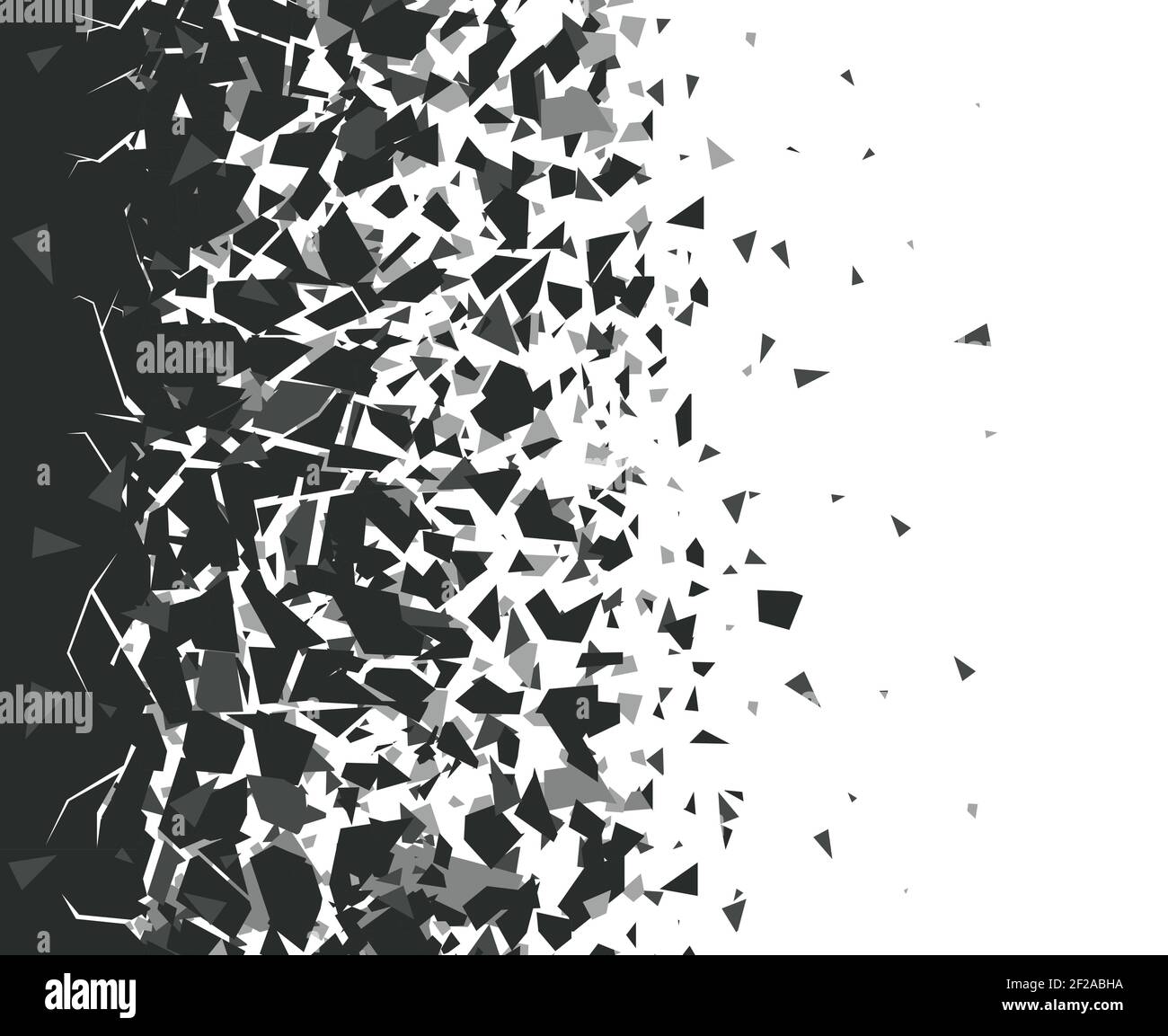 Abstract shatter background. Exploded black pieces scatter, shattered triangles destruction pattern. Broken particles vector background illustration Stock Vector