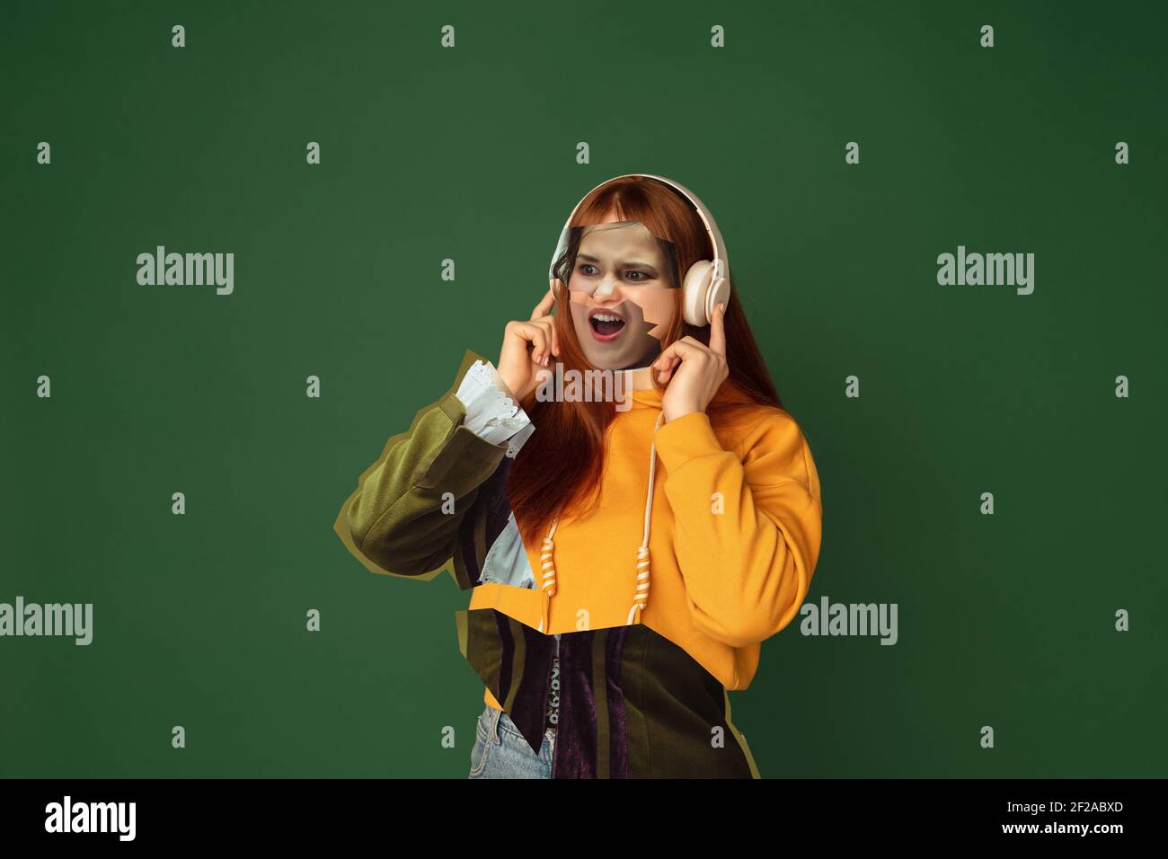 Woman with headphones. Magazine style collage with model outfit mixed of different eras. Copyspace for ad. Trendy colors, modern and vintage, renaissansse fashion. Cintemporary art collage. Stock Photo