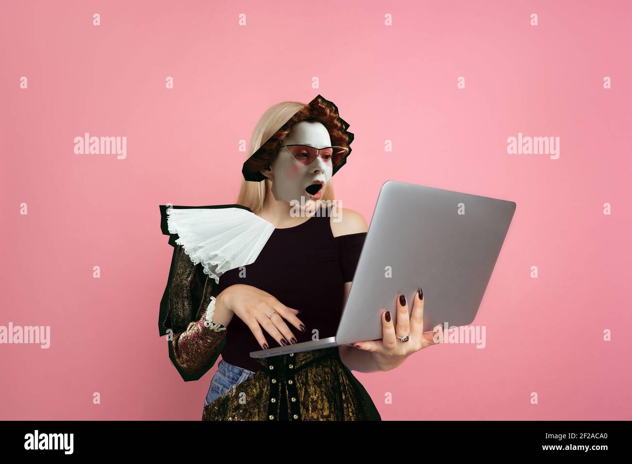 Shicked woman with notebook. Magazine style collage with model outfit mixed of different eras. Copyspace for ad. Trendy colors, modern and vintage, renaissansse fashion. Cintemporary art collage. Stock Photo