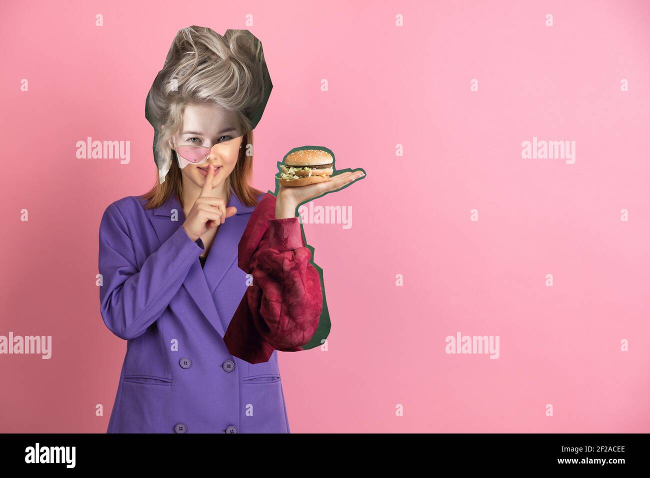 Mysterious woman with burger. Magazine style collage with model outfit mixed of different eras. Copyspace for ad. Trendy colors, modern and vintage, renaissansse fashion. Cintemporary art collage. Stock Photo