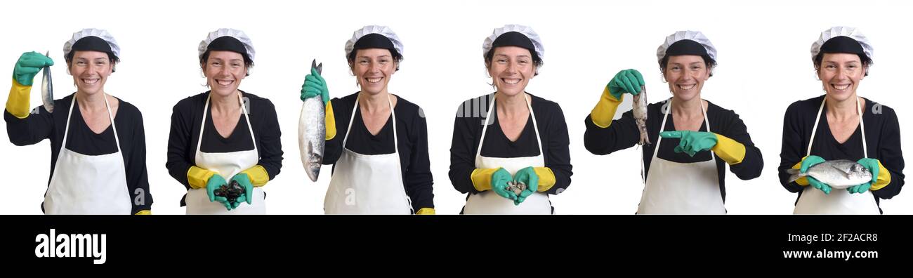 group of the same fishmonger with various fish and seafood on white background Stock Photo