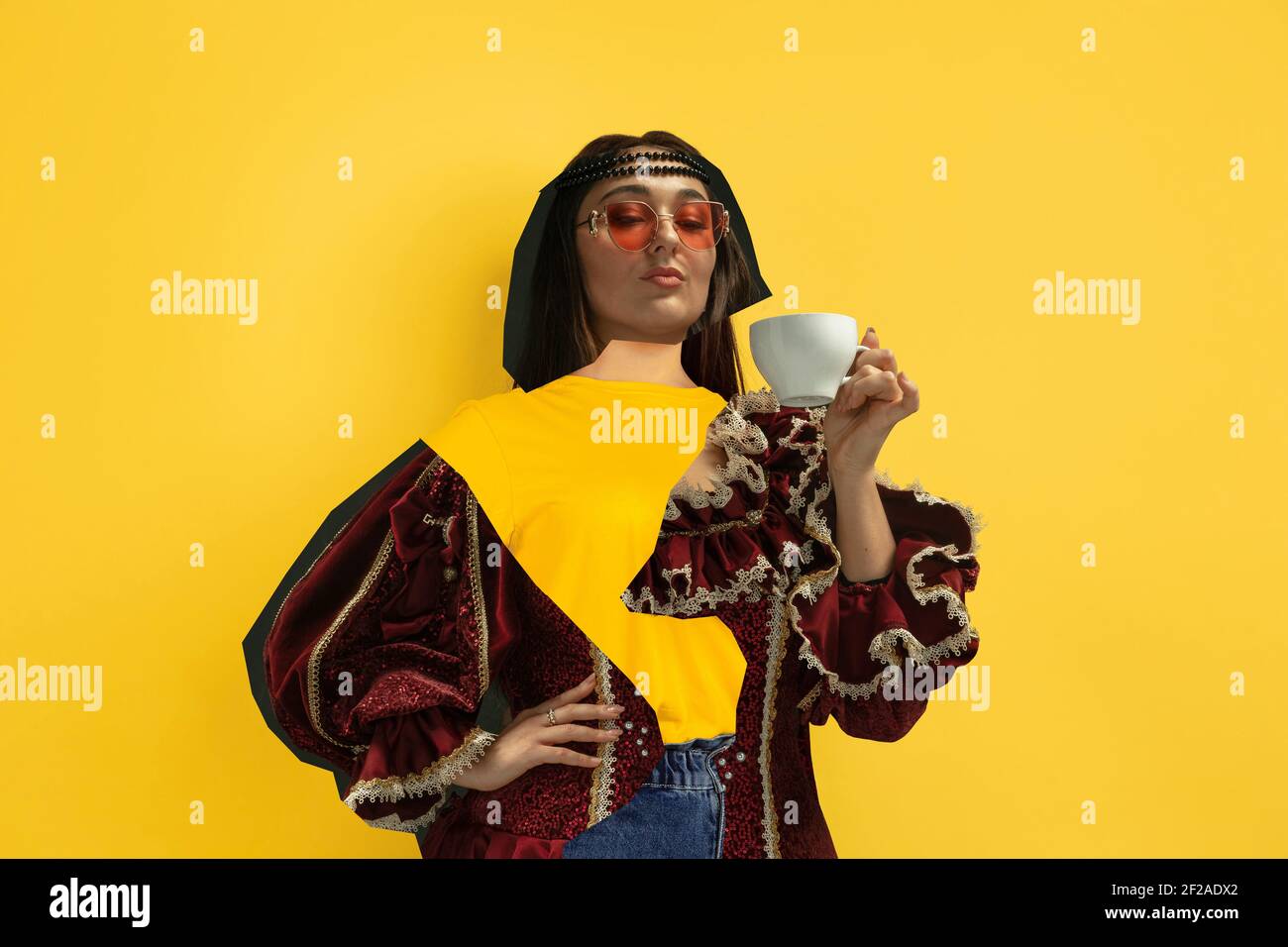 Woman drinking coffee. Magazine style collage with model outfit mixed of different eras. Copyspace for ad. Trendy colors, modern and vintage, renaissansse fashion. Cintemporary art collage. Stock Photo
