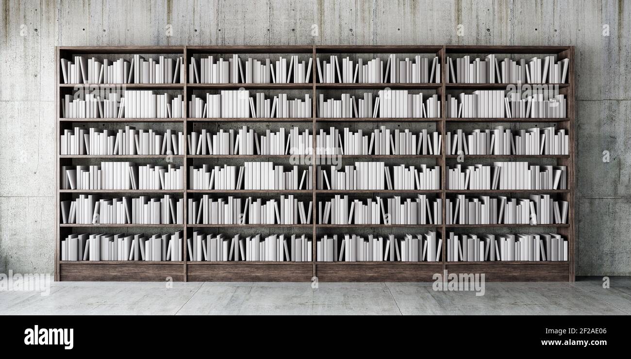 Interior design with wooden bookshelf full of books 3D Rendering, 3D Illustration Stock Photo