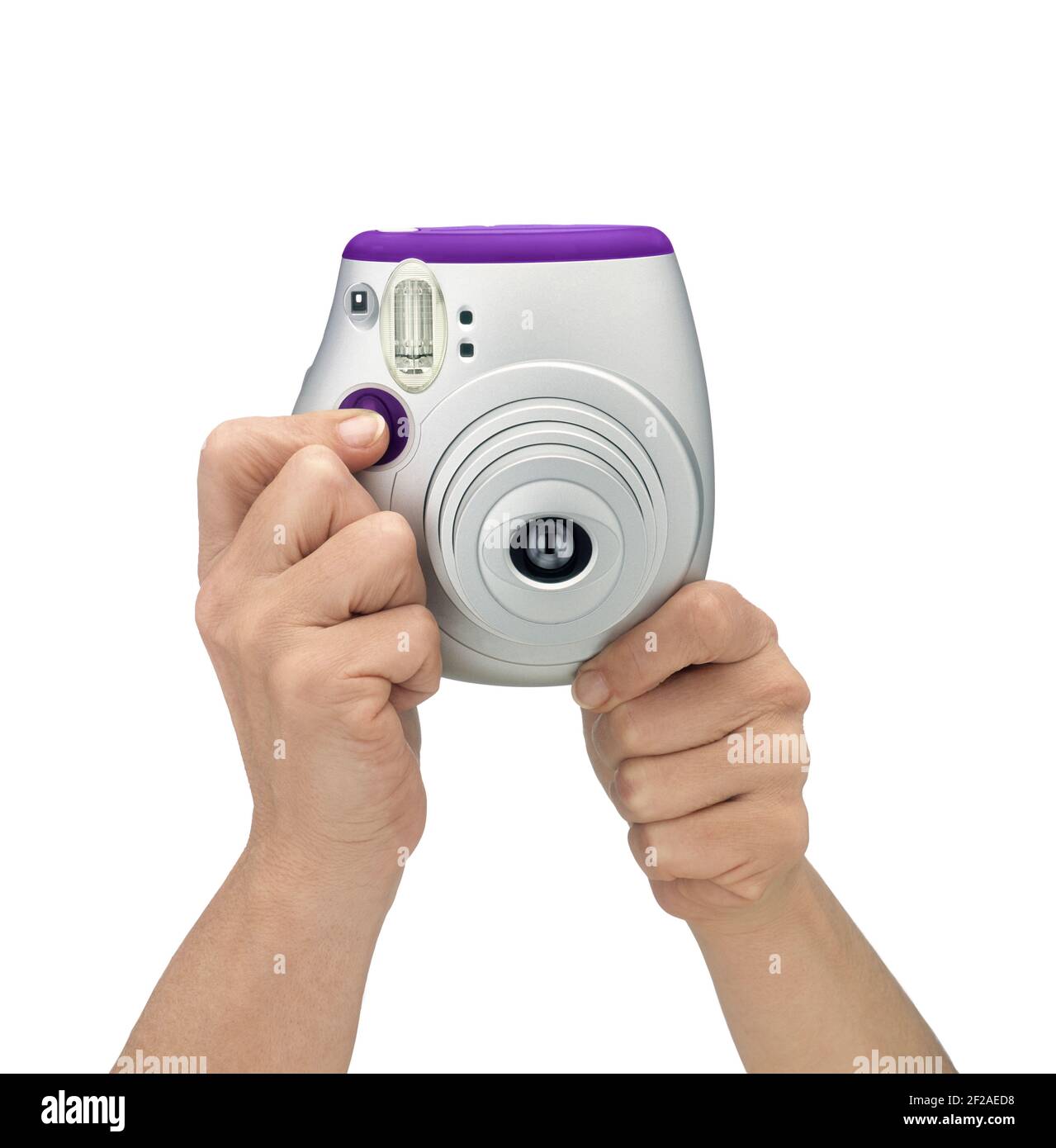 Hands Holding Camera On White Background. Clipping path Stock Photo