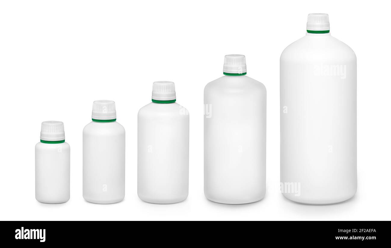 Differents sizes of white color plastic bottles against white background. Stock Photo