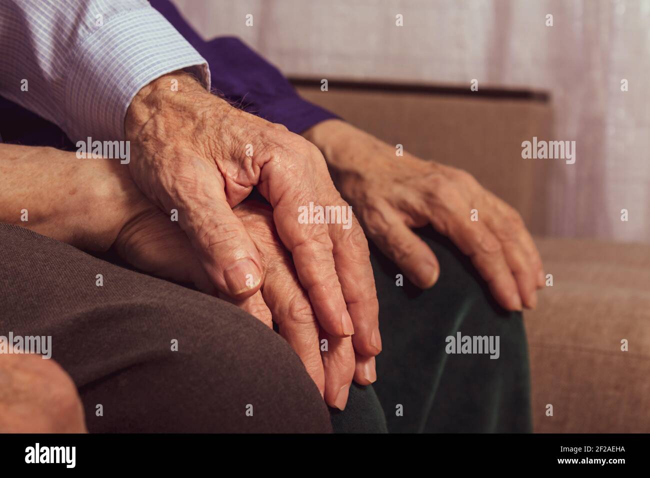 Senior's supporting hand covering wife's hand for support. Nursing home concept. Old woman and man hands. Love and care in marriage. Close-up. Stock Photo