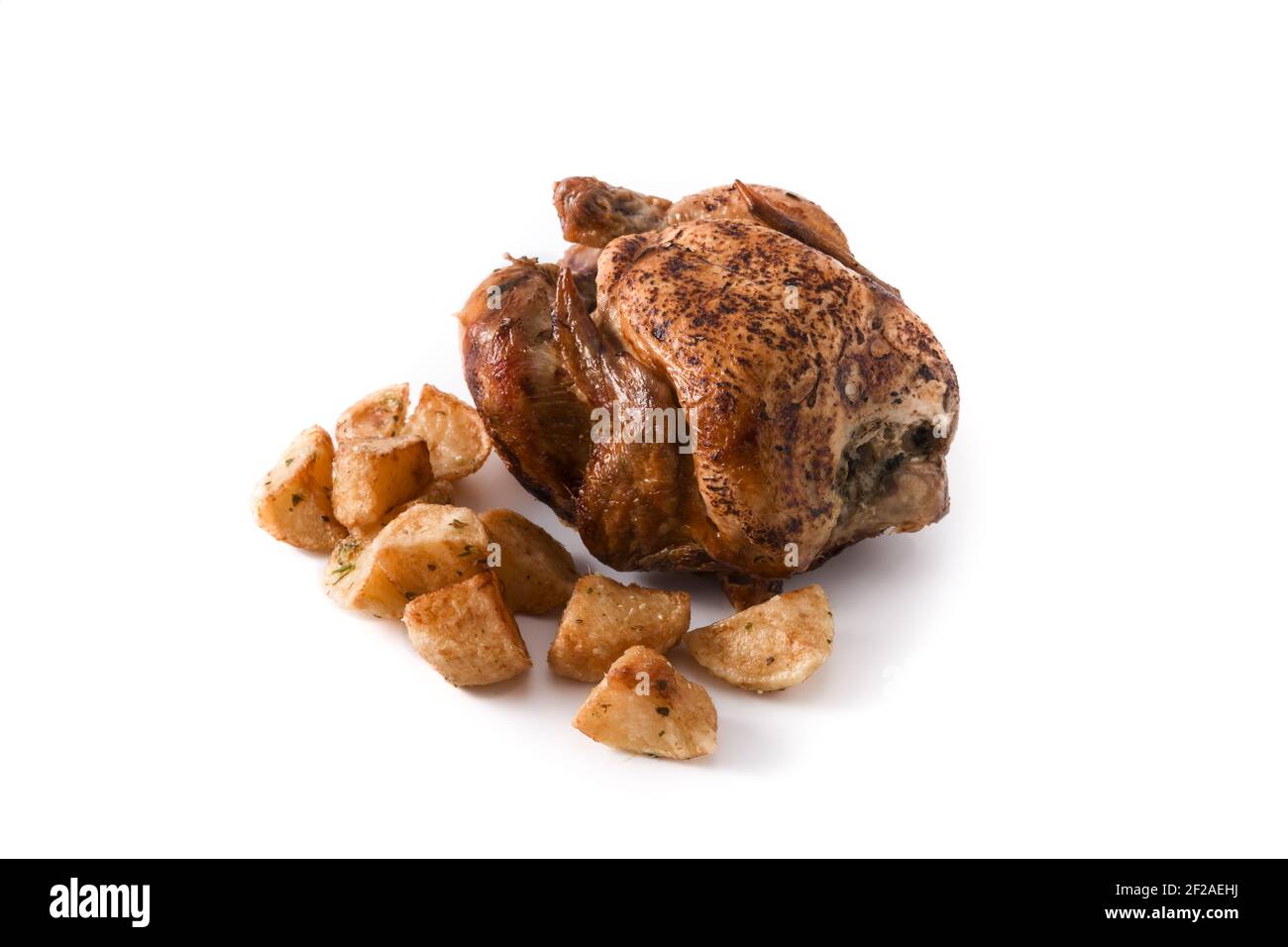 Homemade roasted chicken with potatoes isolated on white background Stock Photo
