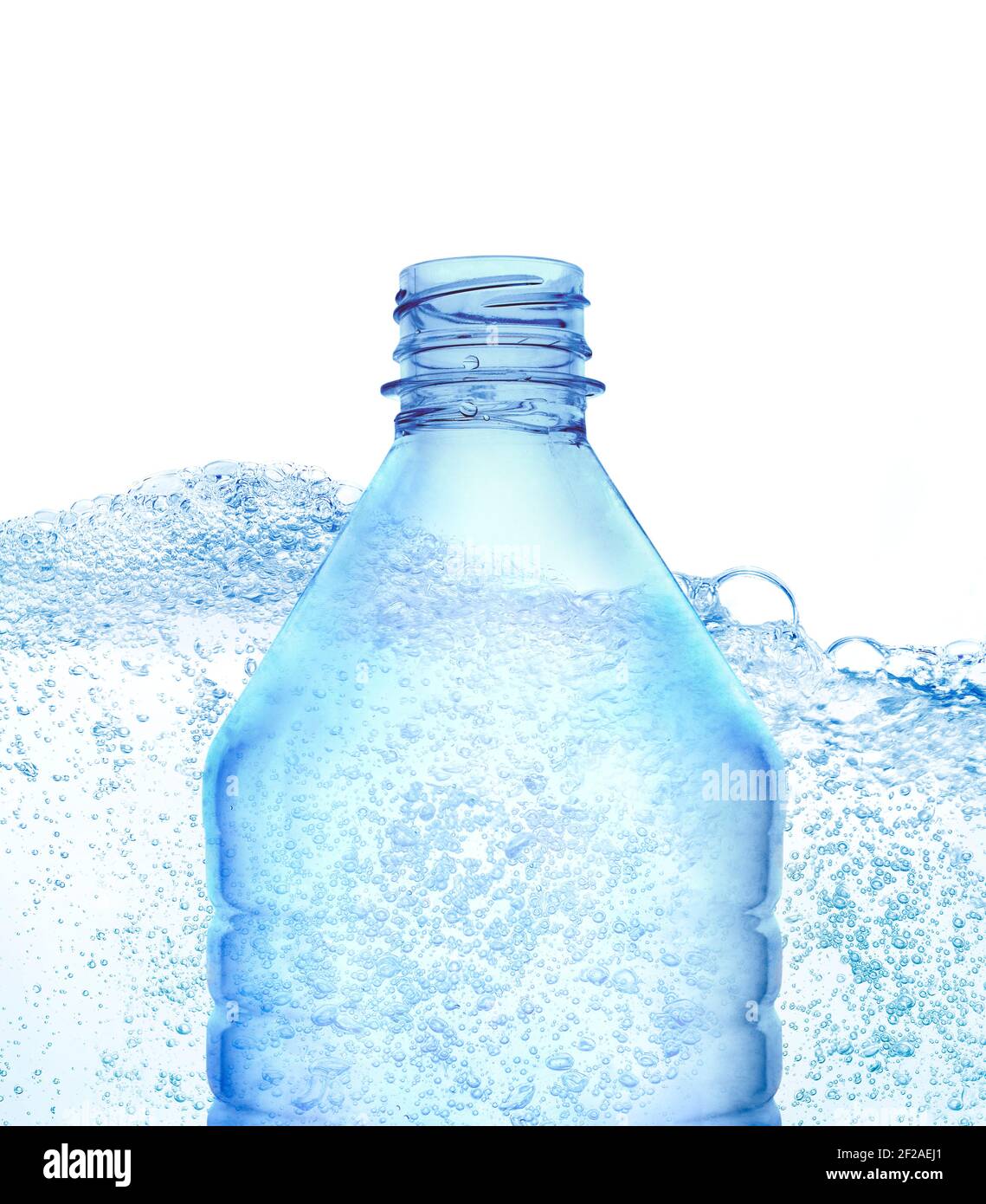 Transparent plastic blue color bottle  against turbulence water background. Stock Photo