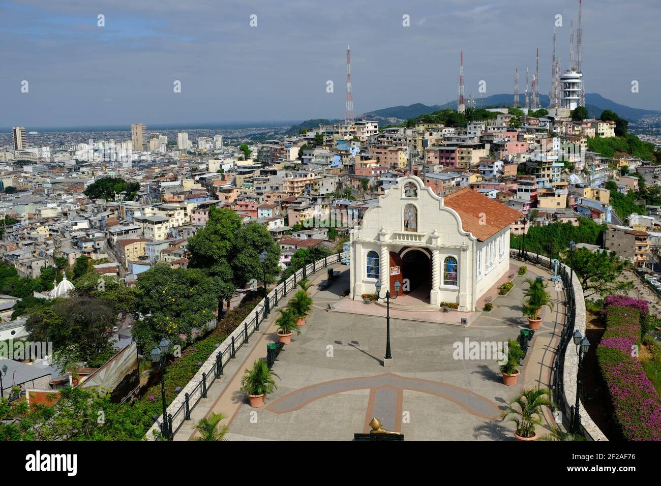 Ecuador Guayaquil - Cerro Santa Ana Church - Iglesia del Cerro Santa Ana panoramic view Stock Photo