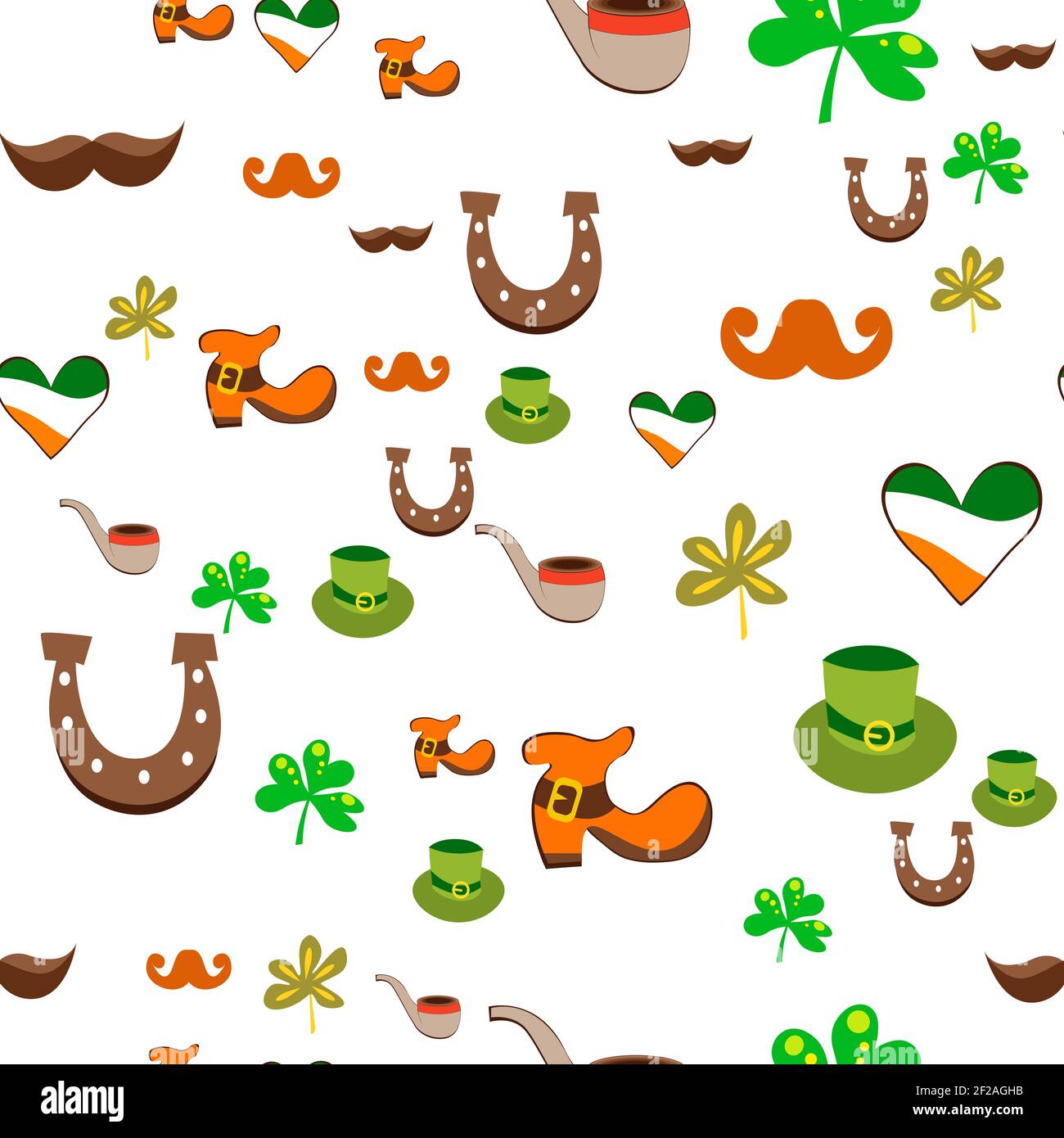 Collection of traditional symbols of St. Patrick. Beer mugs, clover, leprechaun hat, pot of gold coins. Repeating editable vector pattern. EPS 10 Stock Vector