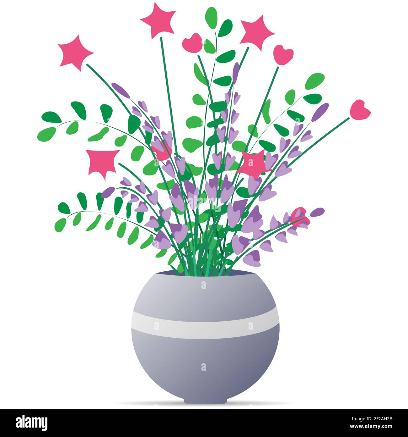 Bouquet Of Purple Flowers With Green Branches And An Ornament Of Stars And Hearts In A Round Vase On A White Background Vector Eps 10 Stock Vector Image Art Alamy