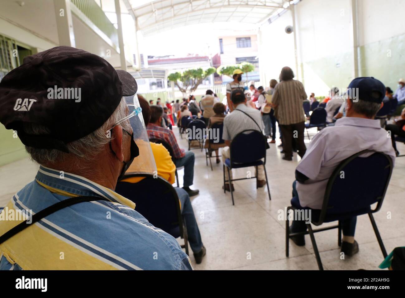 Uruapan, Mexico. 09th Mar, 2021. Persons wait receive a dose of Pfizer-BioNTech Covid-19 vaccine during mass vaccine inside of Hermanos Lopez Rayon sports center, a designated priority vaccination center for elderly over 60 years in the Uruapan town. On March 10, 2021 in Michoacan, Mexico (Photo by Eyepix/Sipa USA) Credit: Sipa USA/Alamy Live News Stock Photo