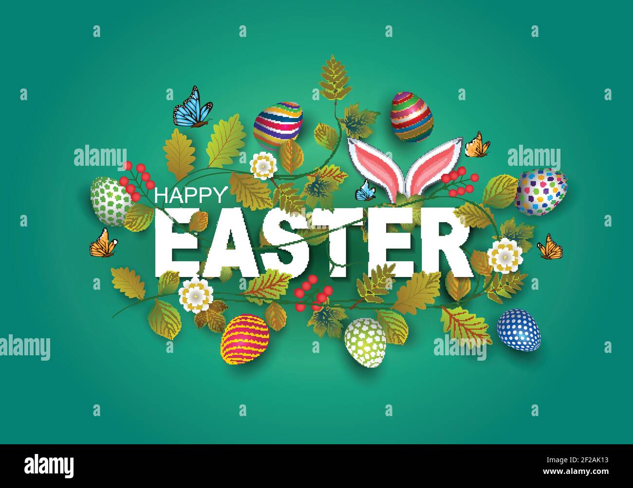 happy Easter greetings. Easter letter decorate with leaf, flowers, eggs. vector illustration design Stock Vector