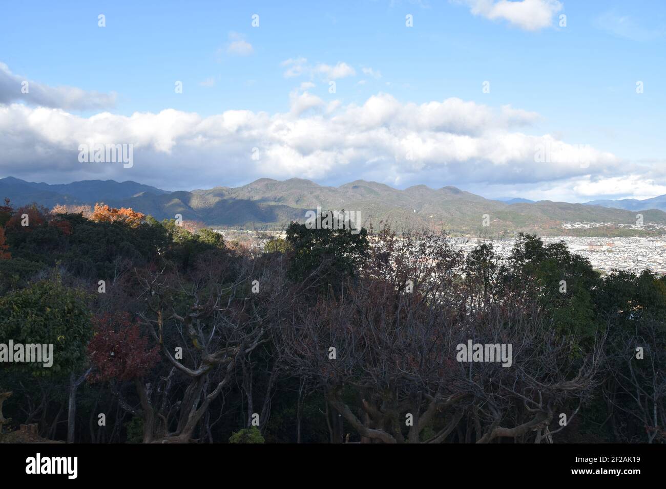 An aerial view of a small town on a mountain valley with trees in a ...