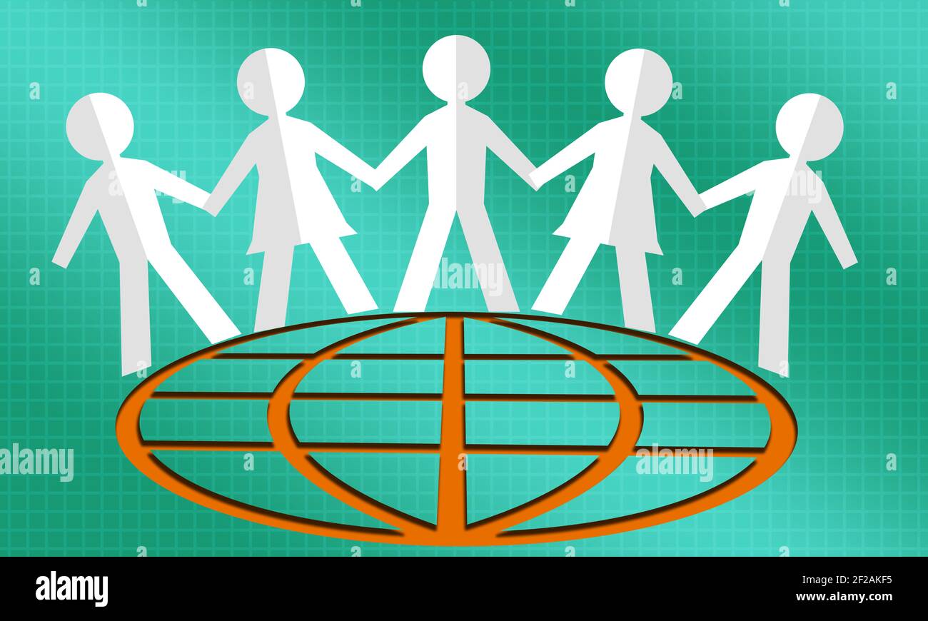 A peace and gender equality concept with human icons holding hands on a flat world globe Stock Photo