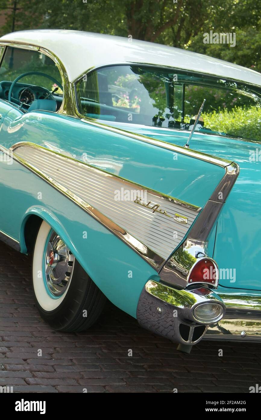 ST. CHARLES, UNITED STATES - Feb 03, 2009: The tail fin area of a restored classic 1957 Chevy BelAir automobile. Stock Photo