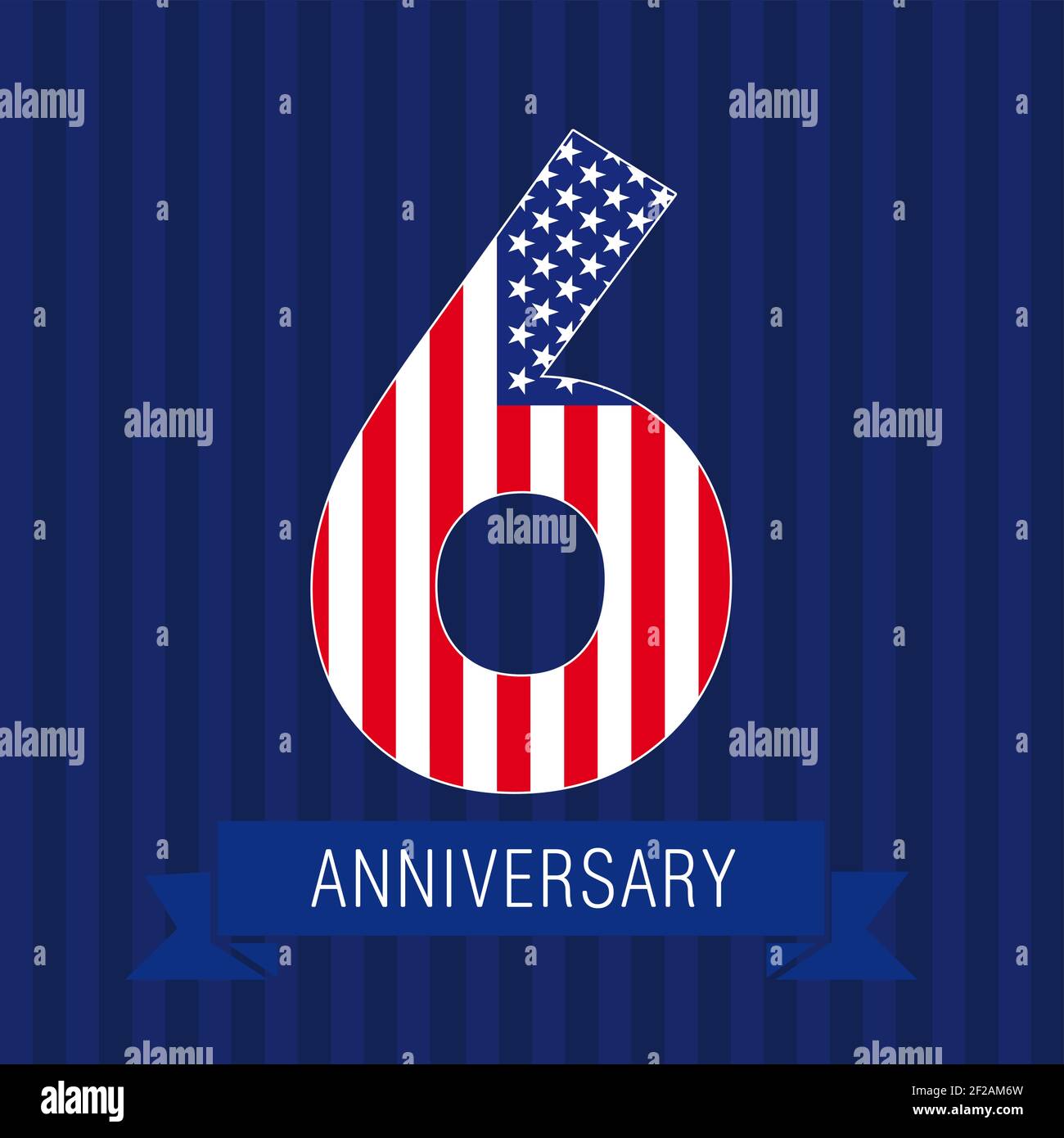 Anniversary 6 US flag logo. Template of celebrating icon of 6 th place as American flag. USA numbers in traditional style on striped abstract blue bac Stock Vector