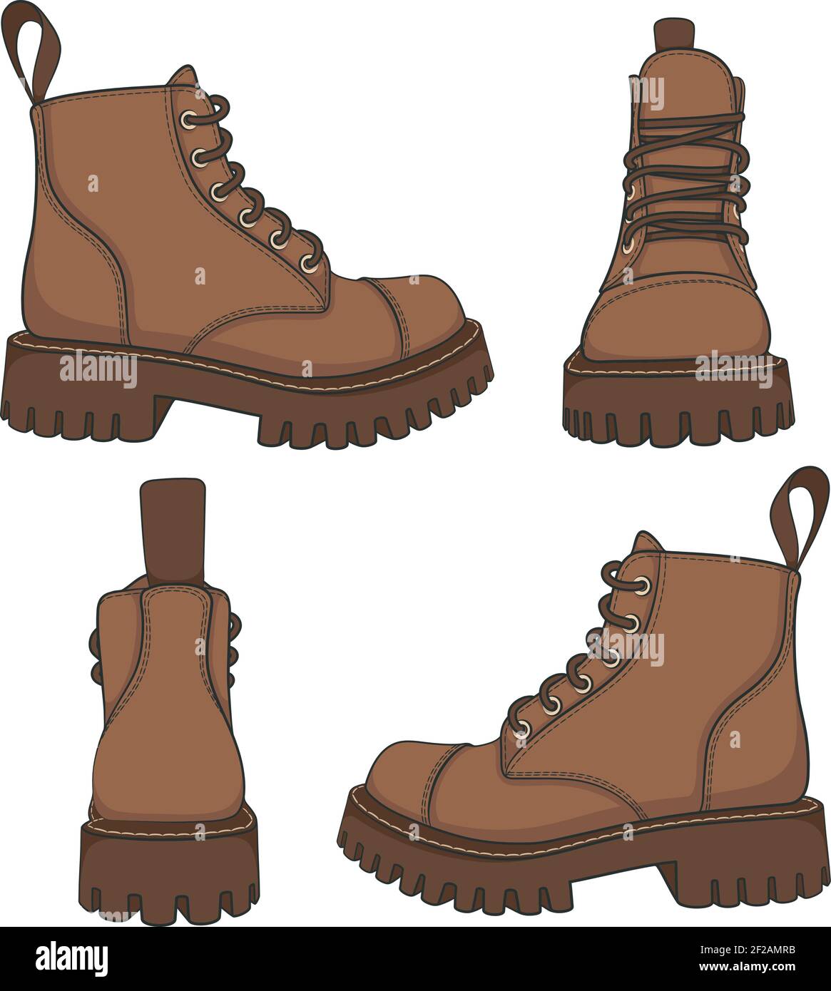 Vector set of drawings with brown boots. Isolated objects on a white background. Stock Vector