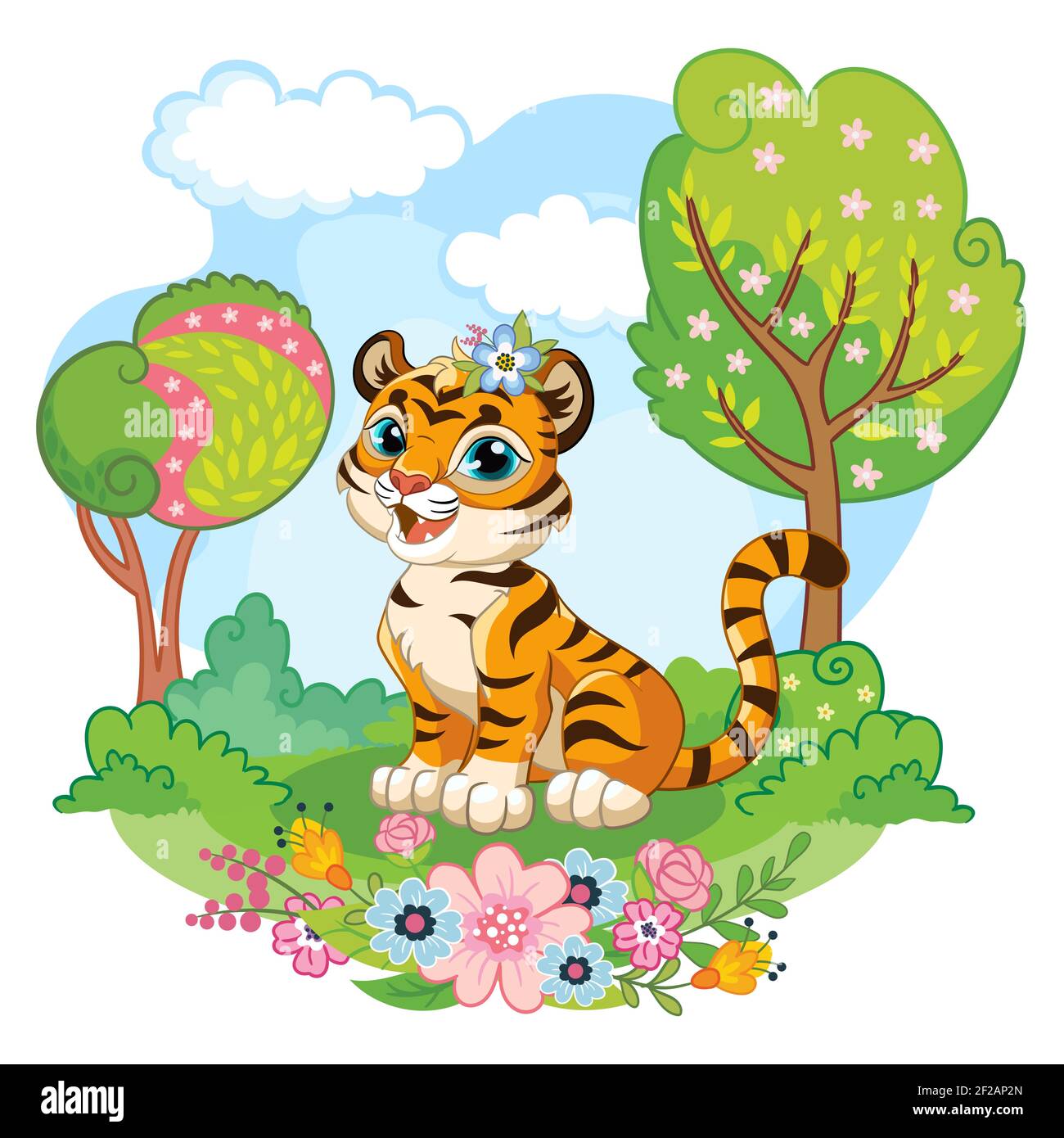 Cute cartoon little tiger sitting on meadow with flowers and trees. Vector isolated illustration. For postcard, posters, nursery design, greeting card Stock Vector