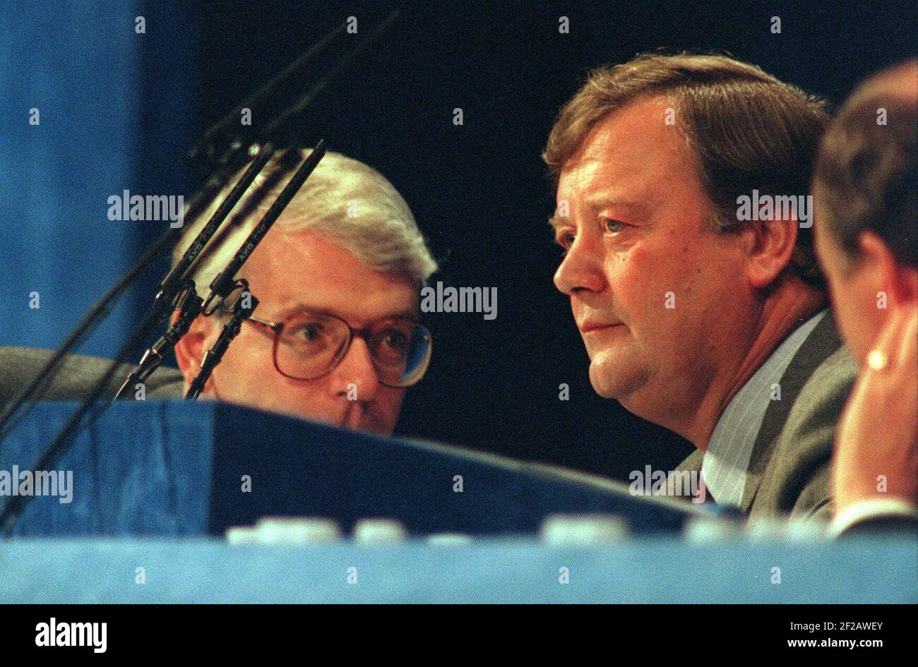 Kenneth Clarke and John Major share some private words at the 1995 Tory Party Conference    Dbase Stock Photo