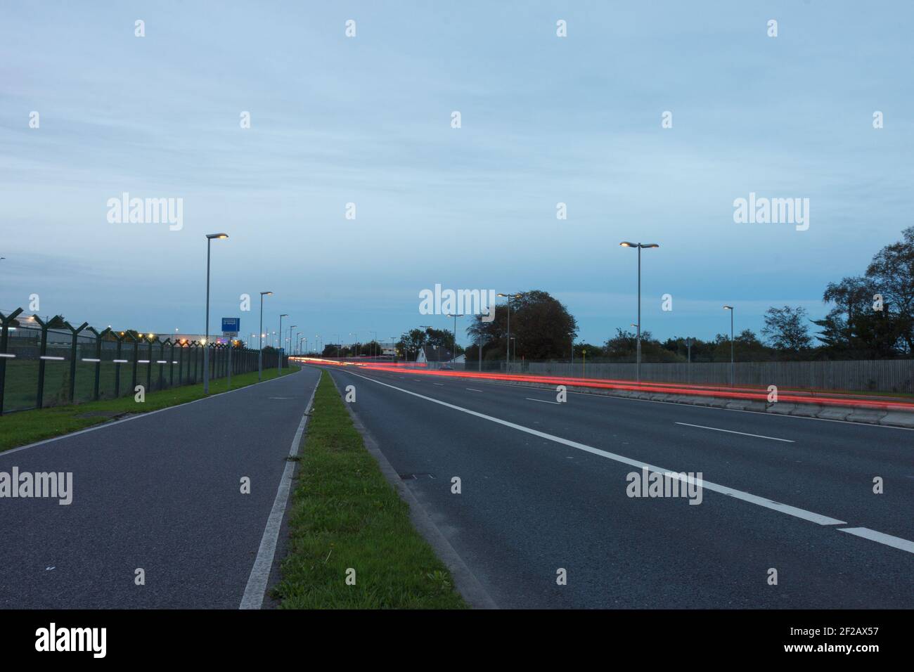 Road and Cars Light Trails, road, street, light, empty, red line, cycle lane, traffic, commuting, transportation, light trails Stock Photo