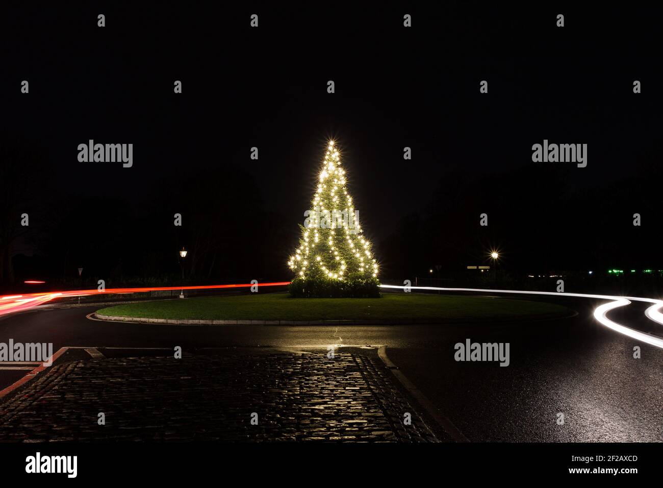 Christmas tree in the Park, Decorated with lights and light trails around, Xmas tree, merry, car light trails, glowing, roundabout, in the center Stock Photo