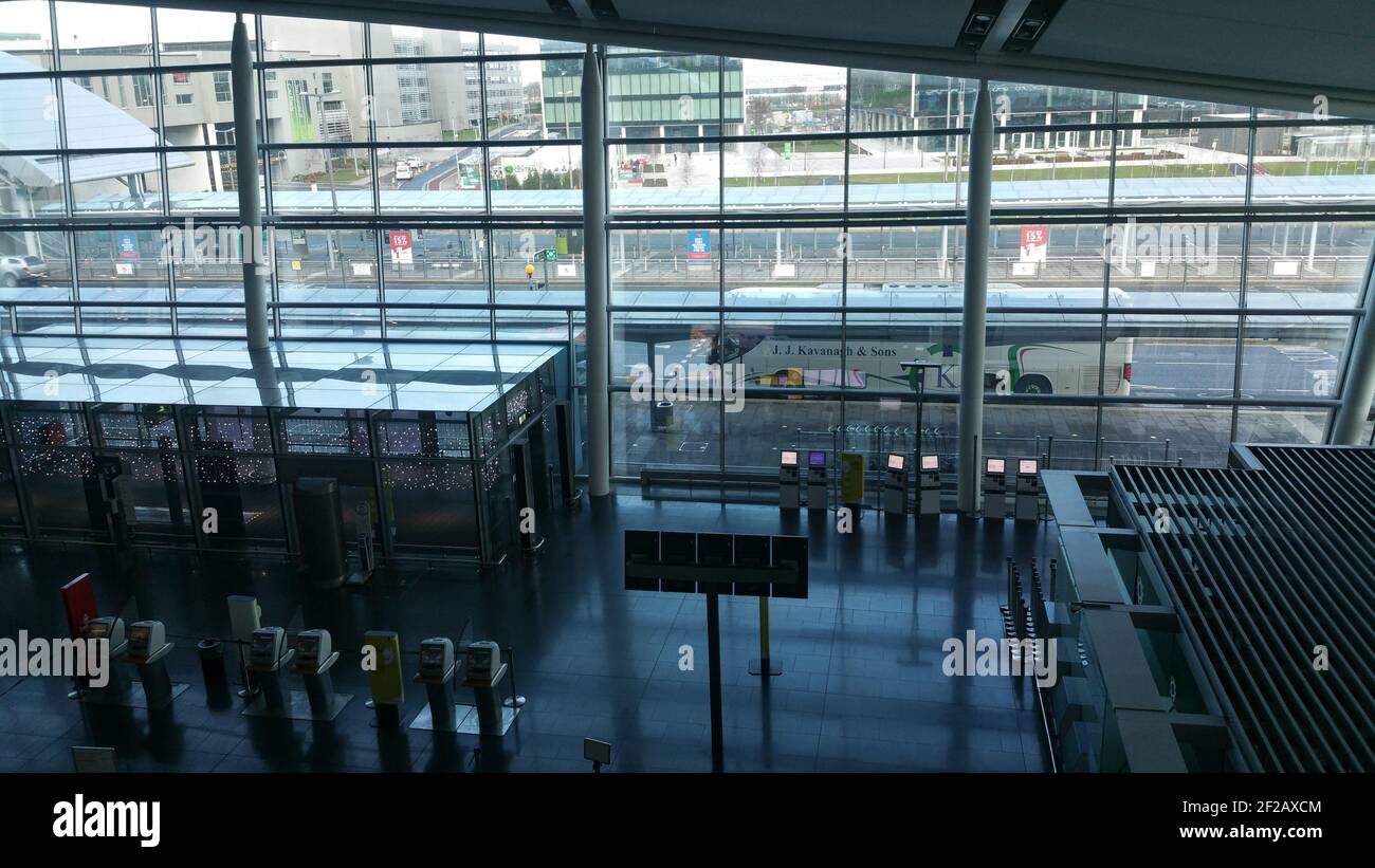 Dublin, Co. Dublin, Ireland - January 16 2021: Dublin Airport Terminal 2, empty spaces no people during corona virus lockdown, deserted airport termin Stock Photo