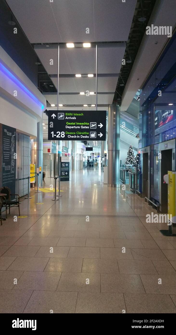 Dublin, Co. Dublin, Ireland - January 16 2021: Dublin Airport Terminal 2, empty spaces no people during corona virus lockdown, deserted airport termin Stock Photo