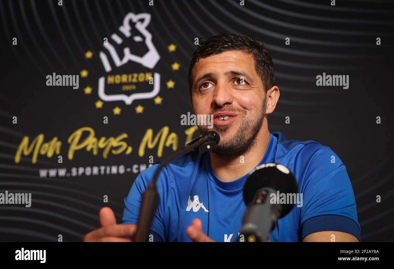 Charleroi's head coach Karim Belhocine pictured during a press conference of Belgian soccer team Sporting Charleroi ahead of JPL day 30, in Charleroi, Stock Photo