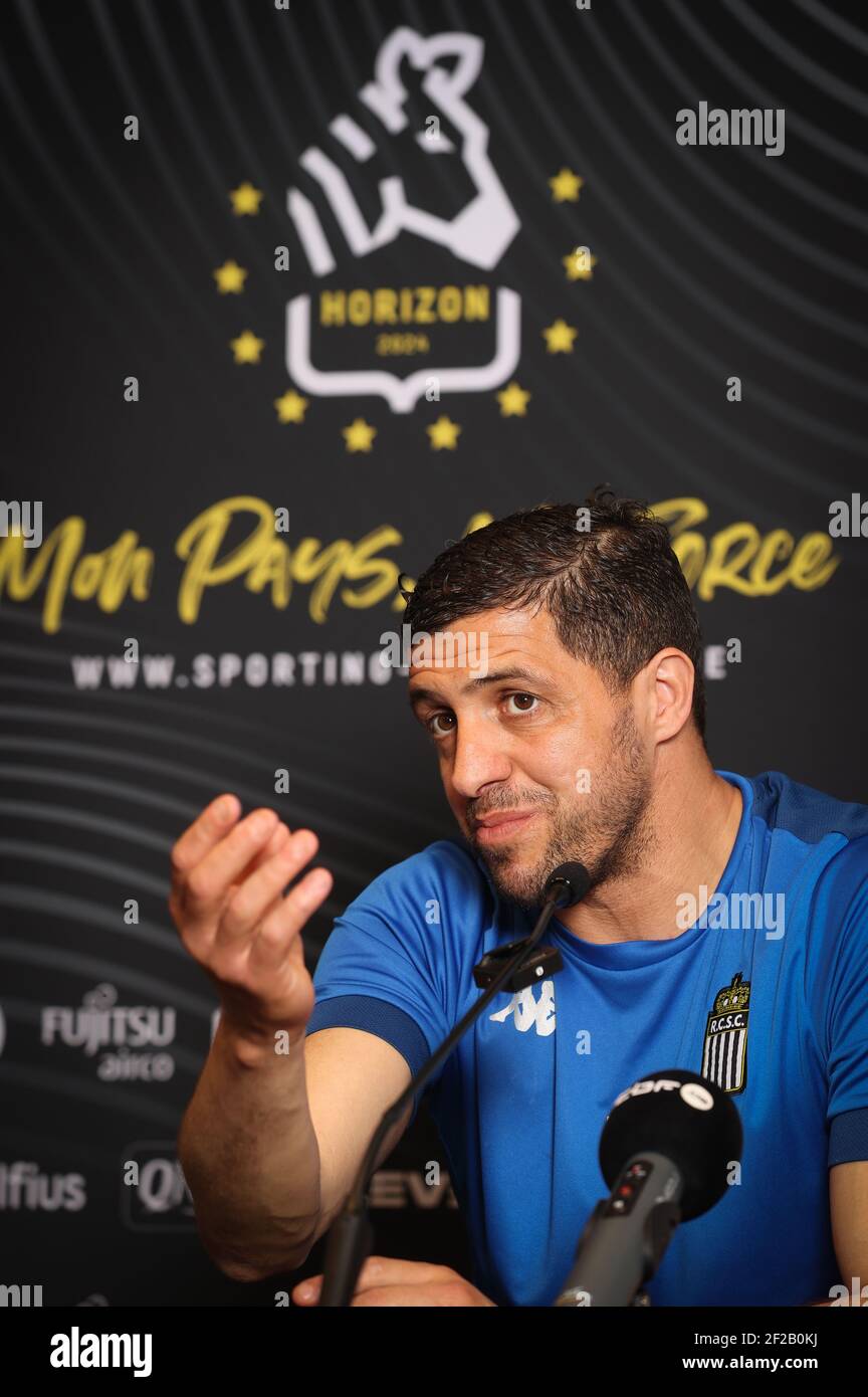 Charleroi's head coach Karim Belhocine pictured during a press conference of Belgian soccer team Sporting Charleroi ahead of JPL day 30, in Charleroi, Stock Photo