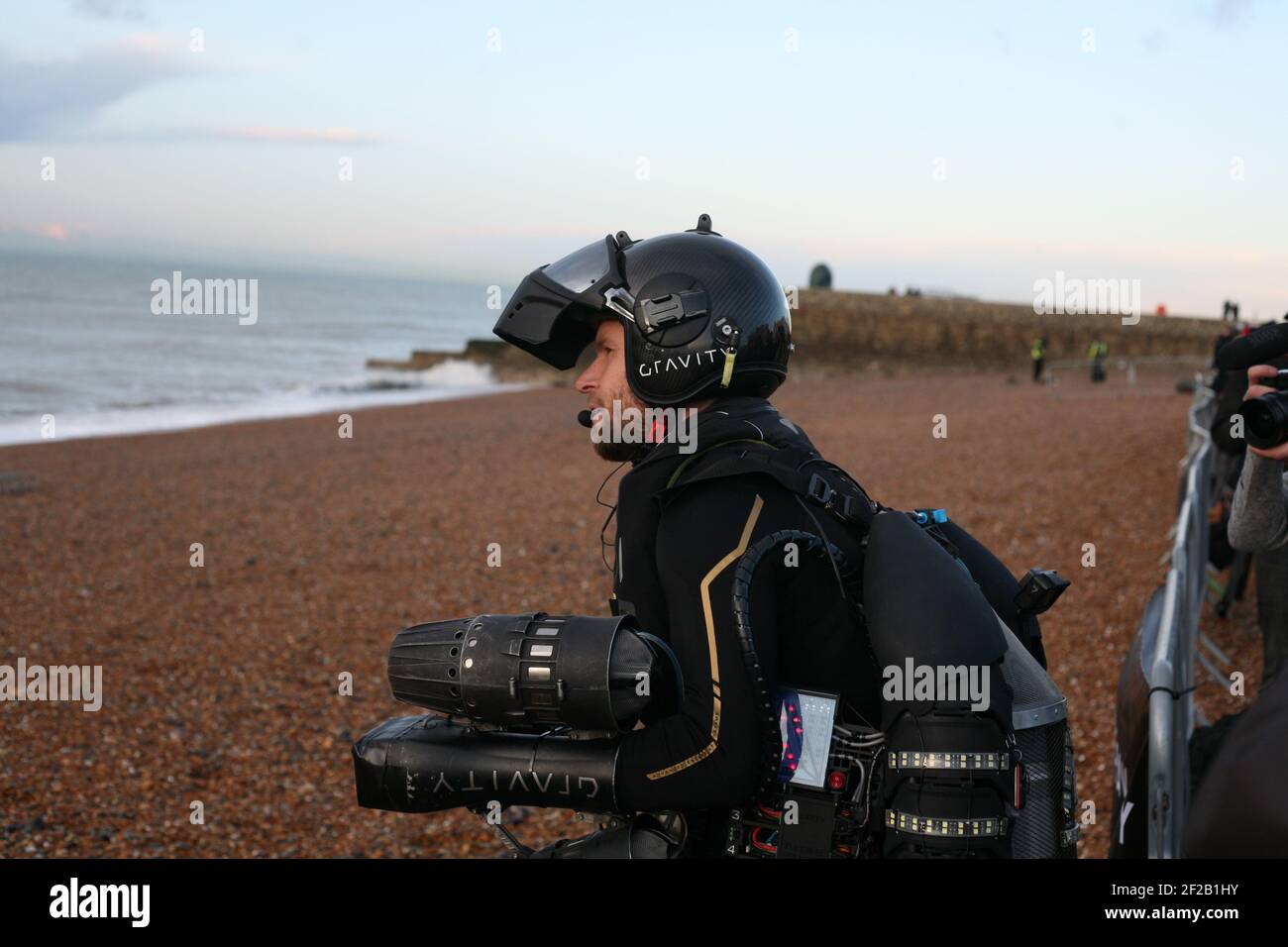 English inventor Richard Browning on Brighton beach during his successful attempt to break the world record for fastest jetpack in November 2019. Stock Photo