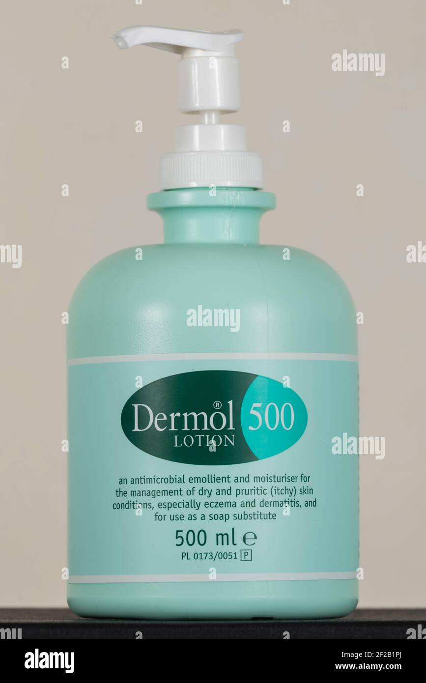 London, UK. 11 March 2021. A bottle of Dermol 500, an antimicrobial soap  substitute which also contains an emollient to help keep skin hydrated. It  has been reported that virologists at Imperial