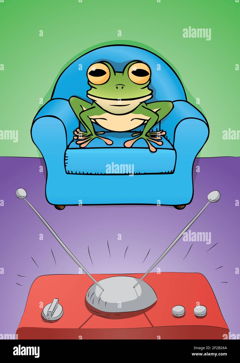 A frog sitting on the armchair watching TV. Freehand vector drawing. Stock Vector
