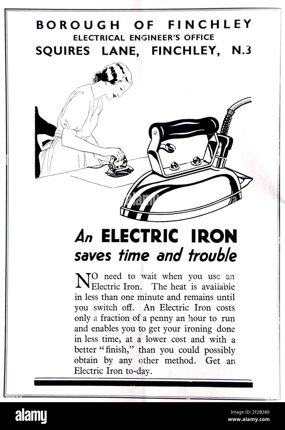 Advertisement for electricity, featuring an electric iron. From the book: 'FINCHLEY CELEBRATIONS ROYAL SILVER JUBILEE May 1935 Souvenir Handbook'. Stock Photo