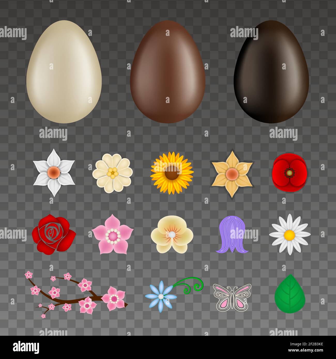 decorated chcocolate eggs maker set of empty chocolate eggs and floral decorations Stock Vector
